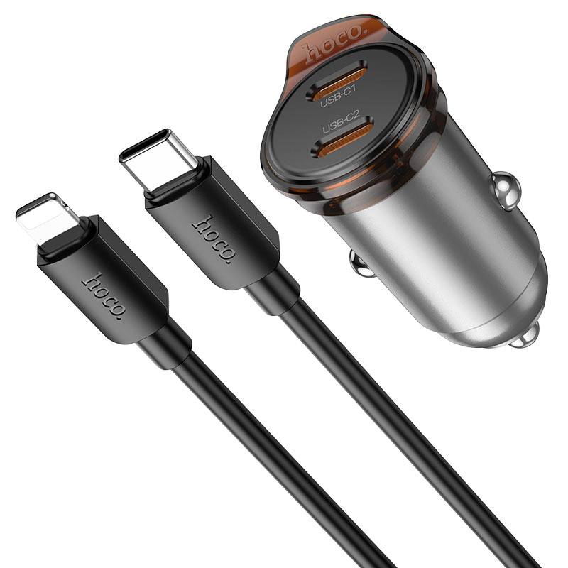 Caricabatterie Auto Con Cavo Lightning HOCO NZ16B, 45W, 3A, 2 x USB-C, Grigio