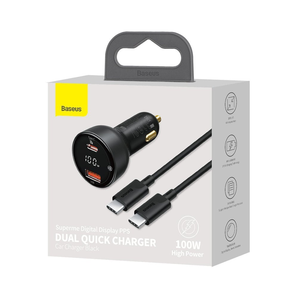 Caricabatterie Auto Con Cavo USB-C Baseus Superme, 100W, 5A, 1 x USB-A - 1 x USB-C, Nero TZCCZX-01