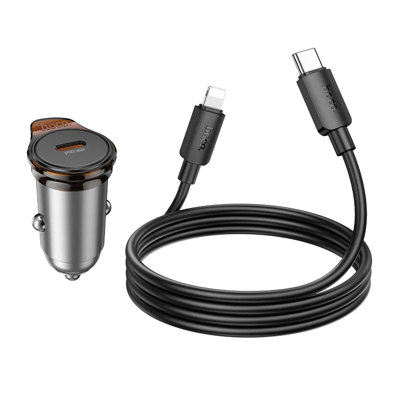 Caricabatterie Auto Con Cavo Lightning HOCO NZ16, 30W, 3A, 1 x USB-C, Grigio
