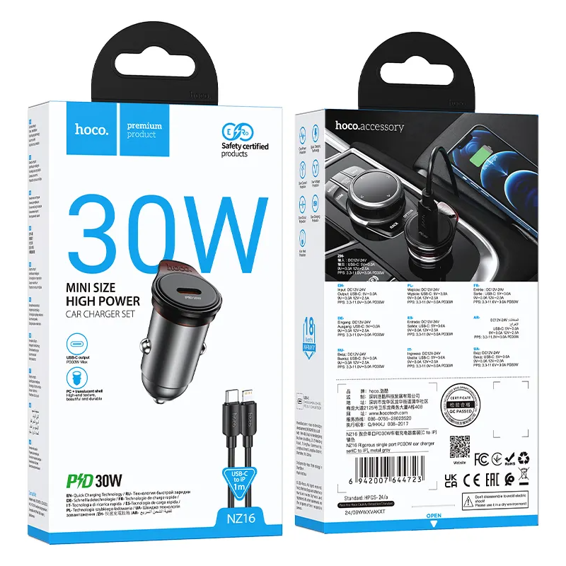 Caricabatterie Auto Con Cavo Lightning HOCO NZ16, 30W, 3A, 1 x USB-C, Grigio