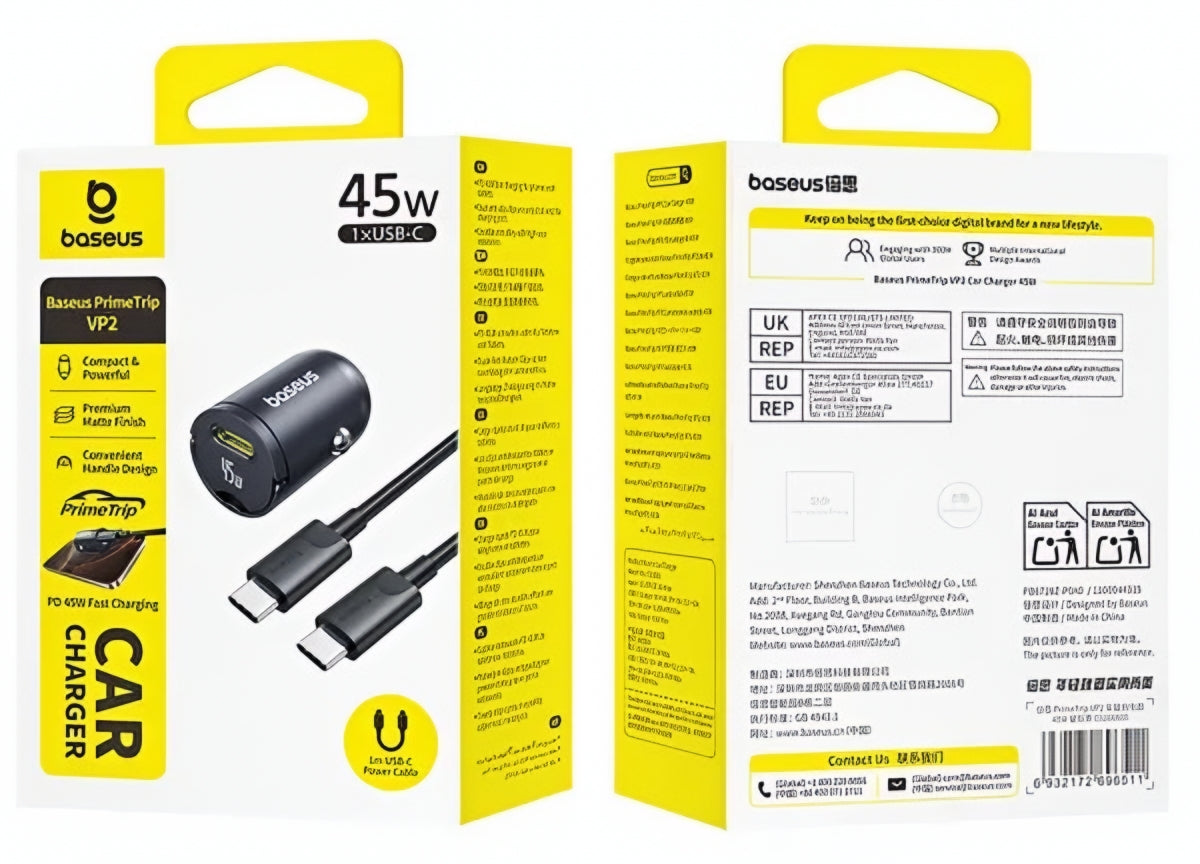 Caricabatterie Auto con Cavo USB-C Baseus PrimeTrip VP2, 45W, 3A, 1 x USB-C, Nero C0206800