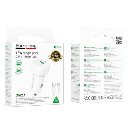 Caricabatterie Auto con Cavo USB-C Borofone BZ34 Cloud, 18W, 3A, 1 x USB-A, Bianco