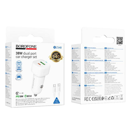 Car Charger with USB-C Cable Borofone BZ34B Cloud, 20W, 3A, 1 x USB-A - 1 x USB-C, White