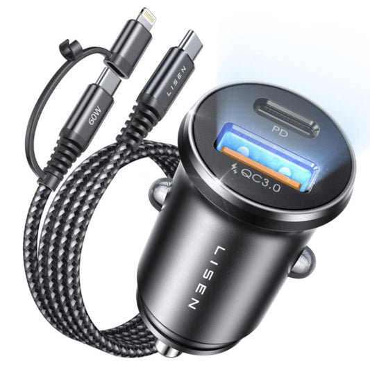 Caricabatterie Auto Con Cavo USB-C / Lightning Lisen, 48W, 3A, 1 x USB-A - 1 x USB-C, Nero YL0223080035