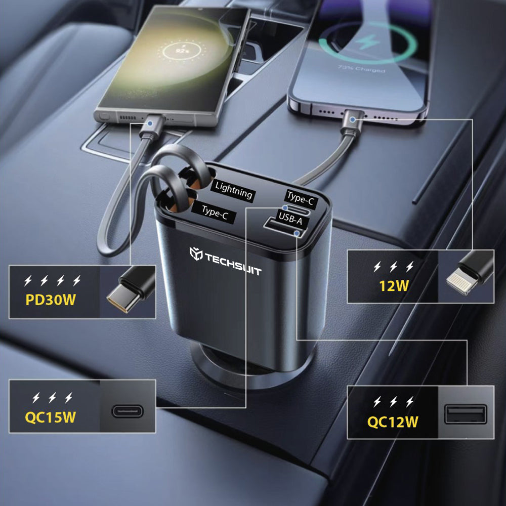 Caricabatterie Auto Con Cavo USB-C / Lightning Techsuit C1 NanoVoltX, 69W, 3A, 1 x USB-A - 1 x USB-C, Grigio