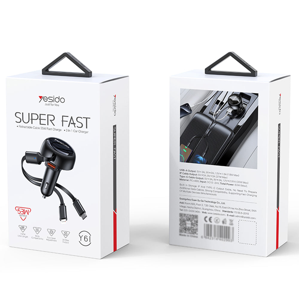 Caricabatterie Auto con Cavo USB-C / Lightning Yesido Y61, 53W, 3A, 1 x USB-A, Nero