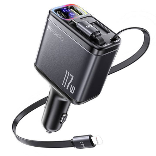 Caricabatterie Auto con Cavo USB-C / Lightning Yesido Y63 Display, 117W, 3A, 1 x USB-A - 1 x USB-C, Grigio