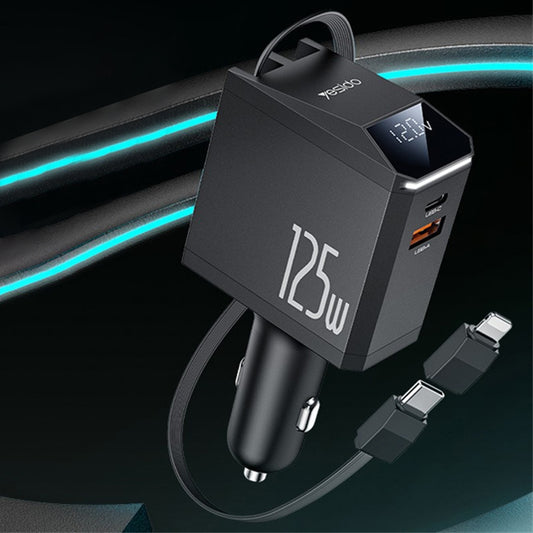 Caricabatterie Auto con Cavo USB-C / Lightning Yesido Y71 Display, 125W, 3A, 1 x USB-A - 1 x USB-C, Nero