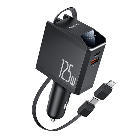 Caricabatterie Auto con Cavo USB-C / Lightning Yesido Y71 Display, 125W, 3A, 1 x USB-A - 1 x USB-C, Nero