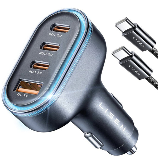 Caricabatterie Auto Con Cavo USB-C Lisen, 101W, 3.25A, 1 x USB-A - 3 x USB-C, Nero YL0223120021