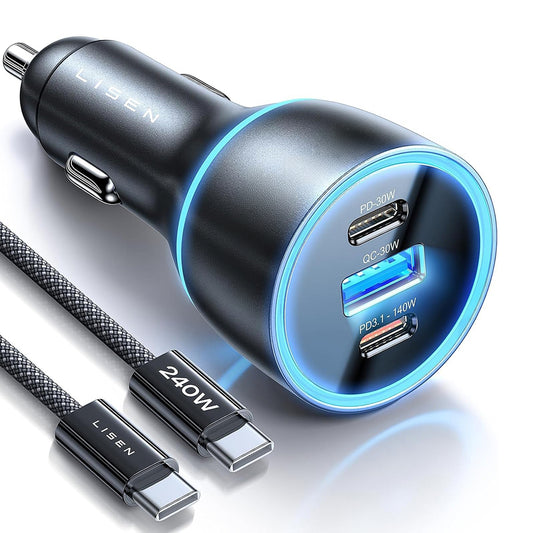 Caricabatterie Auto con Cavo USB-C Lisen, 170W, 5A, 1 x USB-A - 2 x USB-C, Nero YL0224010001