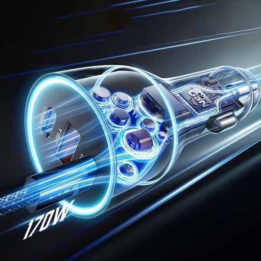 Caricabatterie Auto con Cavo USB-C Lisen, 170W, 5A, 1 x USB-A - 2 x USB-C, Nero YL0224010001