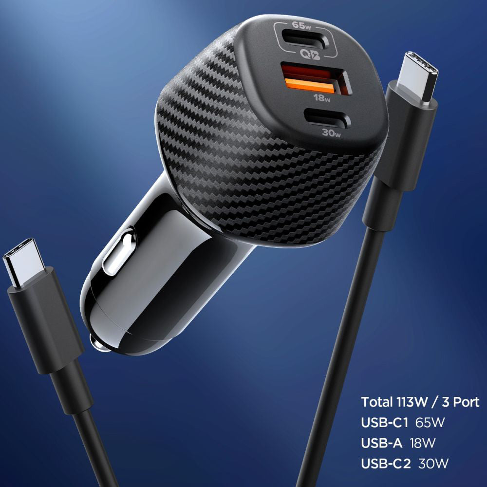 Spigen EV1133 Car Charger with USB-C Cable, 113W, 3.25A, 1 x USB-A - 2 x USB-C, Black