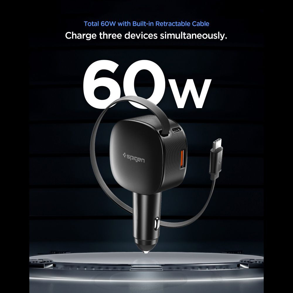 Caricabatterie Auto con Cavo USB-C Spigen EV603BT Essential, 60W, 3A, 1 x USB-A - 1 x USB-C, Nero