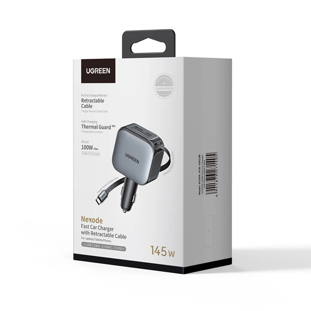 Caricabatterie Auto Con Cavo USB-C UGREEN EC604 (55910B) Nexode, 145W, 1 x USB-A - 2 x USB-C, Nero