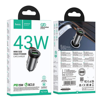 Caricabatterie Auto HOCO NZ16A, 43W, 3A, 1 x USB-A - 1 x USB-C, Grigio