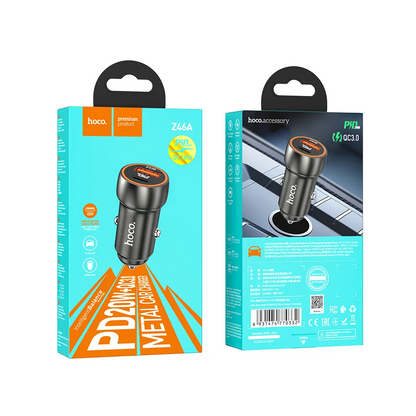 Caricabatterie da auto HOCO Z46A, 20W, 3A, 1 x USB-A - 1 x USB-C, Grigio 