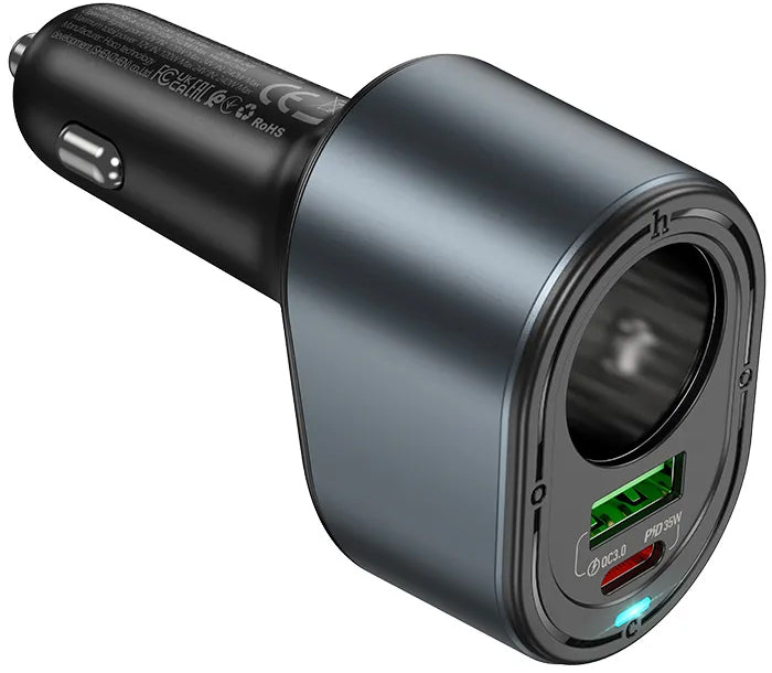 Caricabatterie Auto HOCO Z56, 35W, 3A, 1 x USB-A - 1 x USB-C - 1 x Estensione Accendisigari, Nero