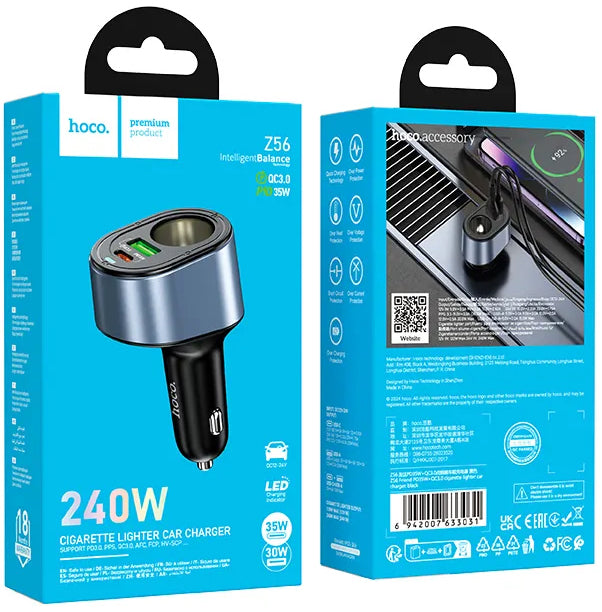 Caricabatterie Auto HOCO Z56, 35W, 3A, 1 x USB-A - 1 x USB-C - 1 x Estensione Accendisigari, Nero