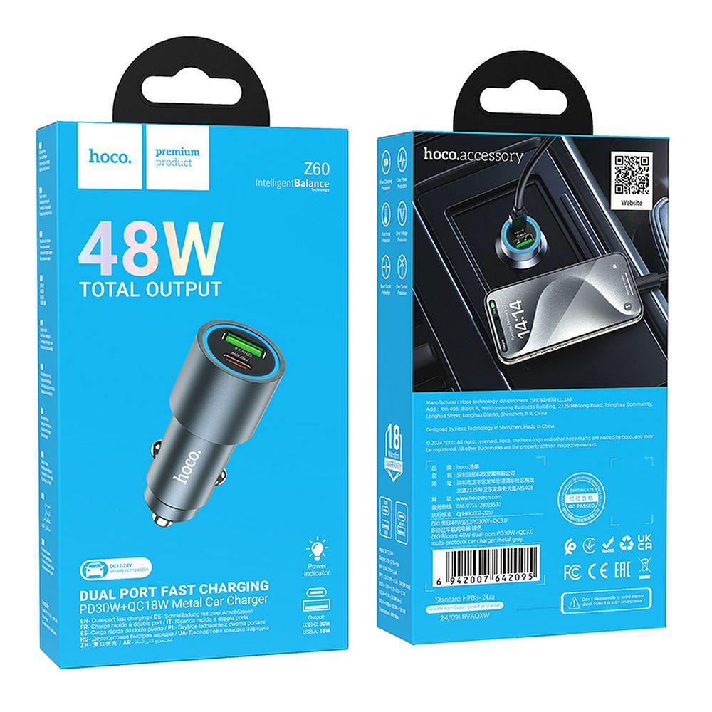 HOCO Z60 Car Charger, 48W, 3A, 1 x USB-A - 1 x USB-C, Black