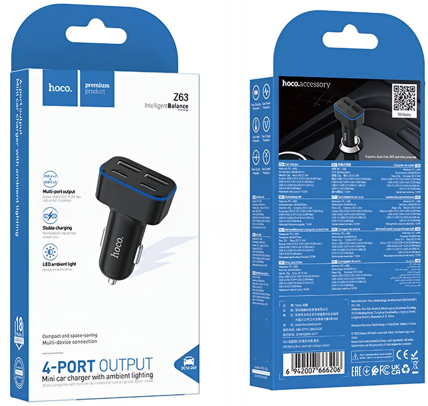 Caricabatterie Auto HOCO Z63, 42W, 3A, 2 x USB-A - 2 x USB-C, Nero