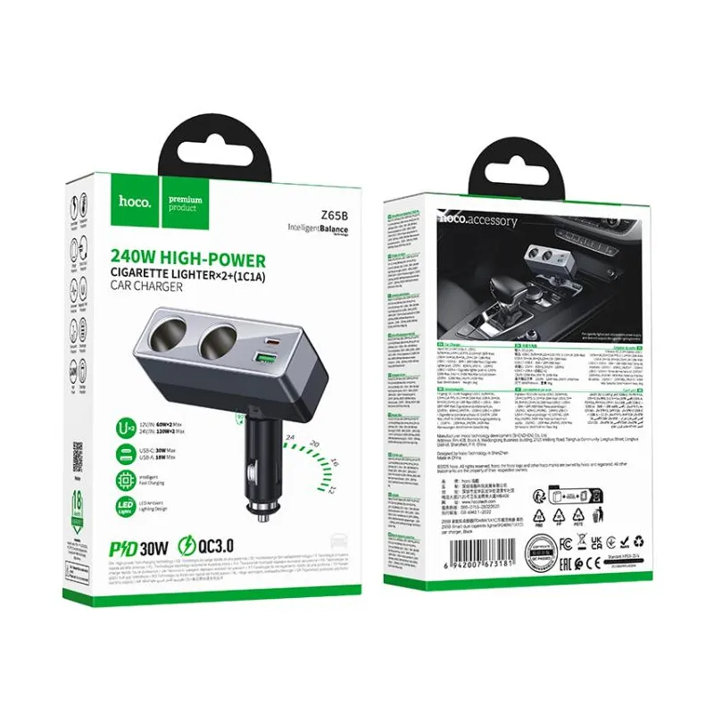Caricatore Auto HOCO Z65B, 240W, 1 x USB-A - 1 x USB-C - 2 x Estensione Accendisigari, Nero