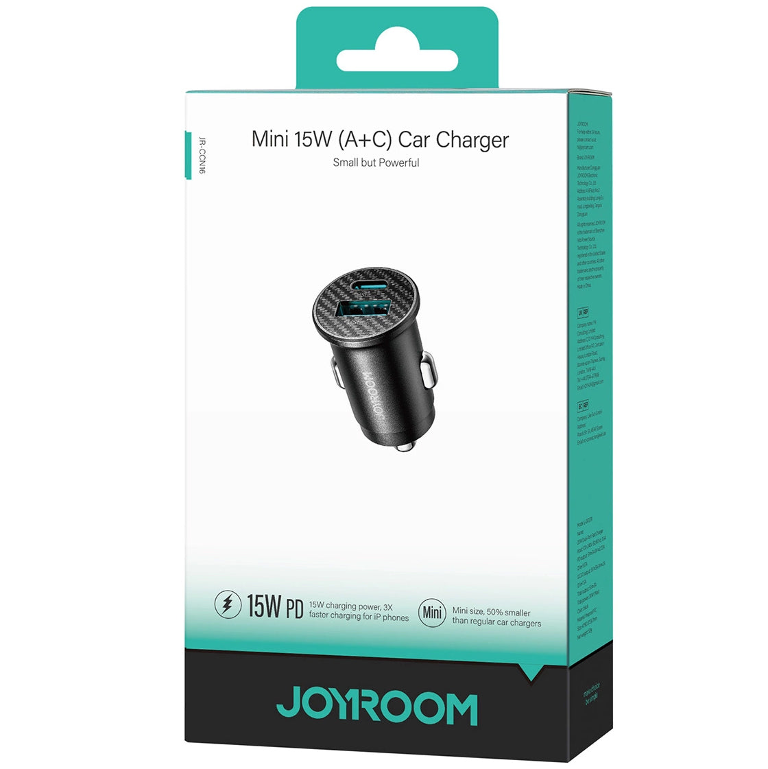 Joyroom JR-CCN16 Mini Car Charger, 12W, 2.4A, 1 x USB-A - 1 x USB-C, Black