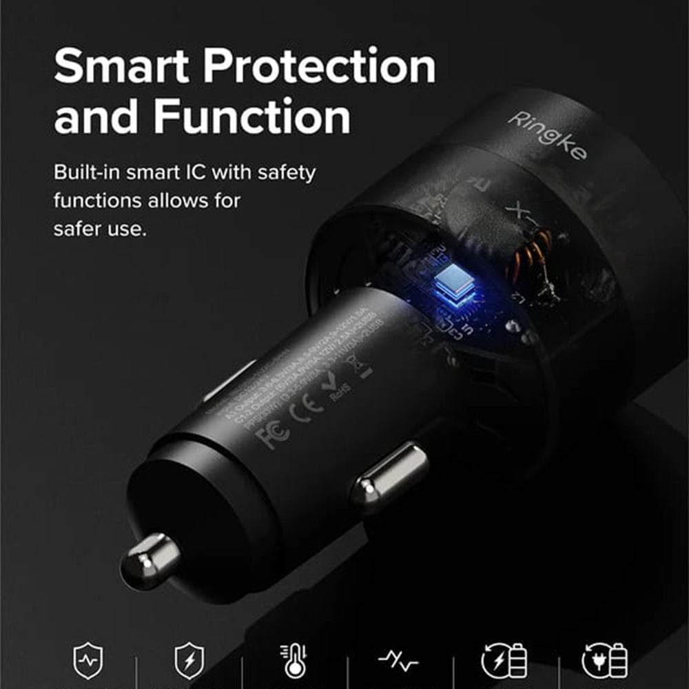Caricabatterie Auto Ringke, 30W, 3A, 1 x USB-A - 2 x USB-C, Nero