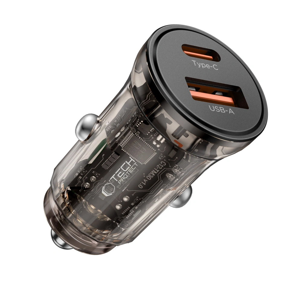Caricatore Auto Tech-Protect CC01, 30W, 3A, 1 x USB-A - 1 x USB-C, Nero