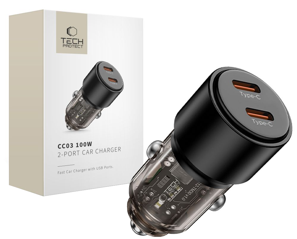 Caricatore Auto Tech-Protect CC03, 100W, 3.25A, 2 x USB-C, Nero