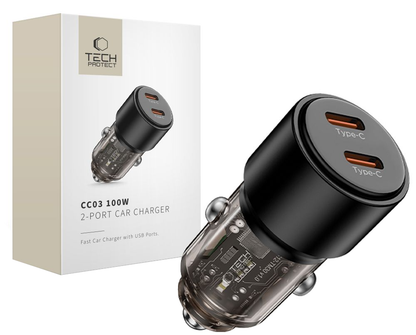 Caricatore Auto Tech-Protect CC03, 100W, 3.25A, 2 x USB-C, Nero