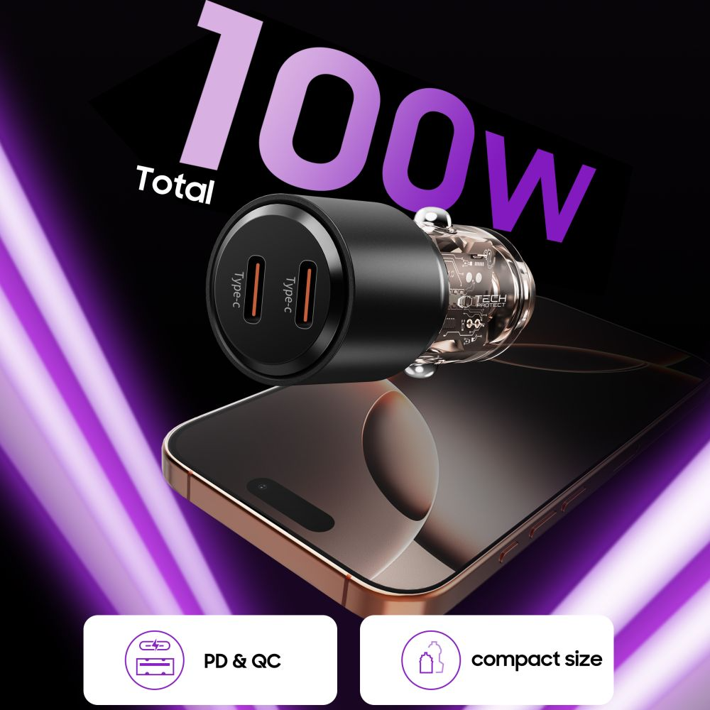 Caricatore Auto Tech-Protect CC03, 100W, 3.25A, 2 x USB-C, Nero