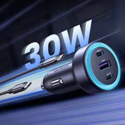 Caricabatterie Auto UGREEN EC307, 30W, 3A, 1 x USB-A - 2 x USB-C, Grigio