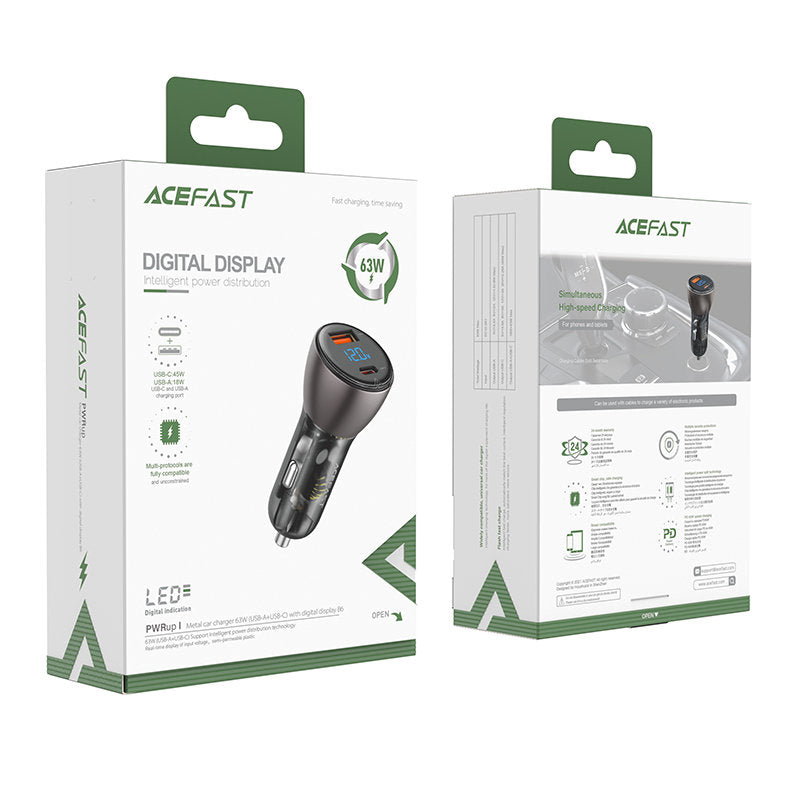 Acefast B6 Car Charger, 63W, 3.6A, 1 x USB-A - 1 x USB-C, Black