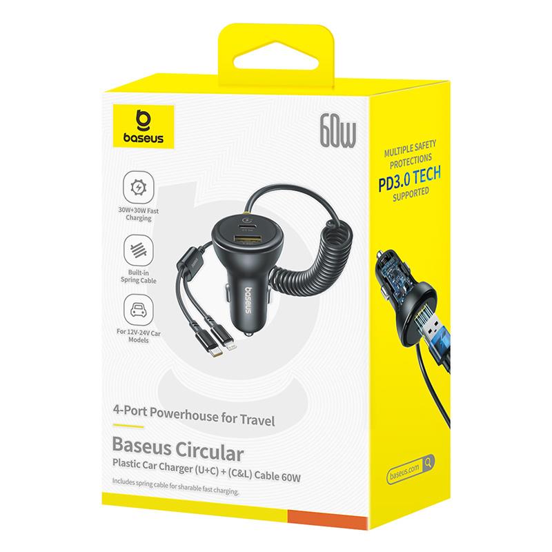 Caricabatterie Auto con Cavo USB-C / Lightning Baseus Circular, 60W, 3A, 1 x USB-A - 1 x USB-C, Nero C00035902121-00