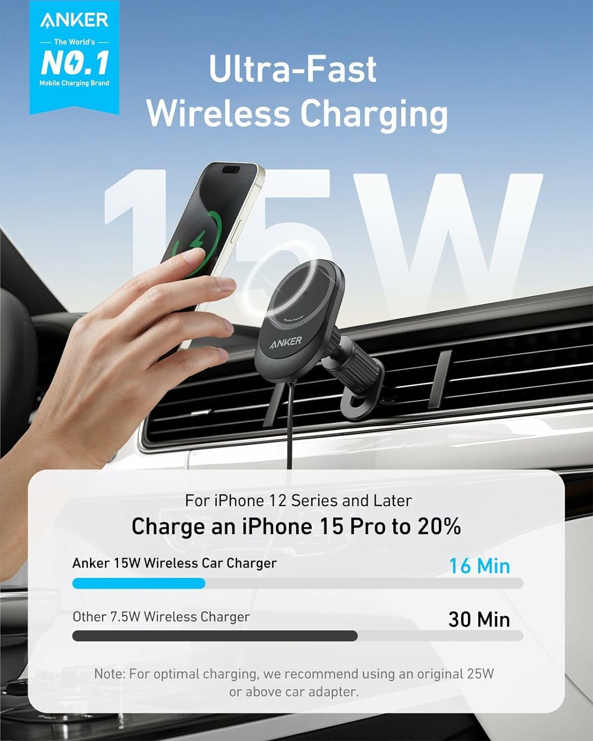 Caricabatterie Auto Wireless Anker MagGo, 15W, 1.67A, Nero B2932G11