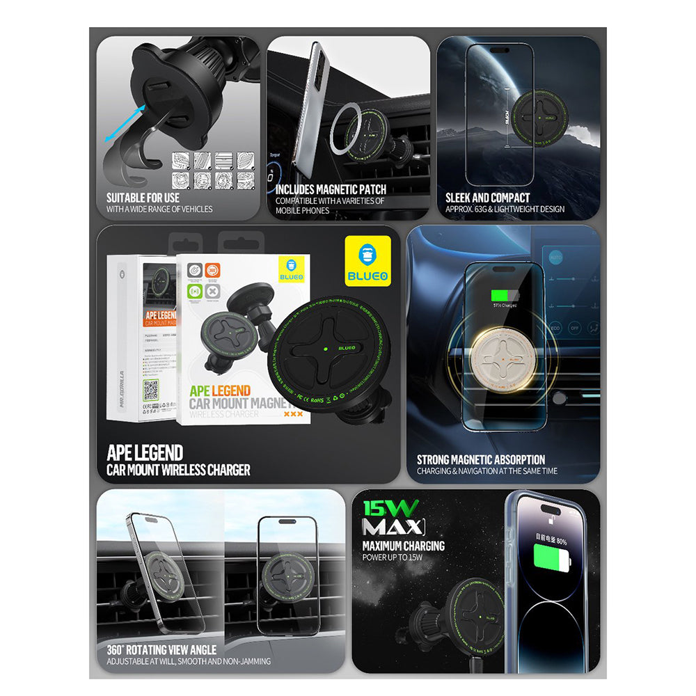 Caricabatterie Auto Wireless Blueo Ape Legend, 15W, 1.67A, Nero