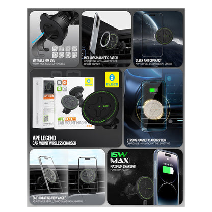 Caricabatterie Auto Wireless Blueo Ape Legend, 15W, 1.67A, Nero