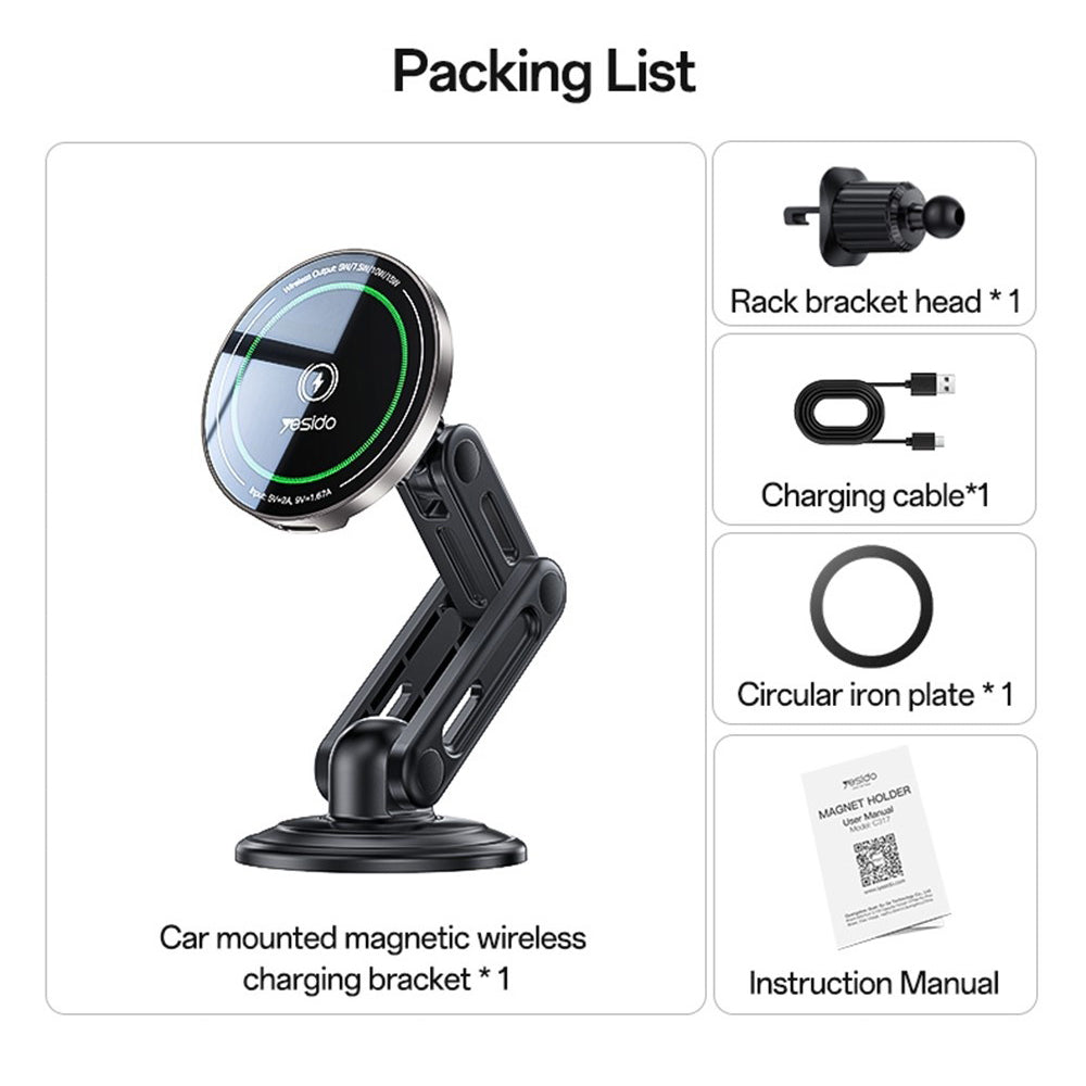 Caricatore Auto Wireless Yesido C317, 15W, 1.67A, Nero