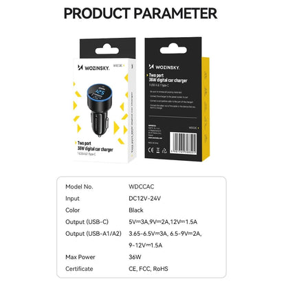 Caricabatterie per auto WZK WDCCAC, 36W, 3A, 1 x USB-A - 1 x USB-C, nero 