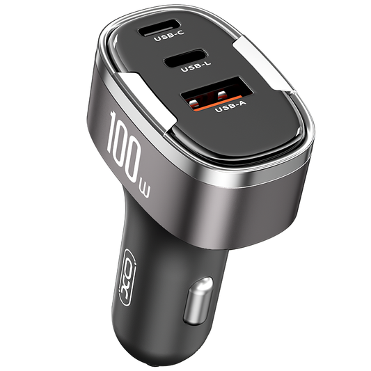 Caricabatterie Auto XO Design CC61, 100W, 3A, 1 x Lightning - 1 x USB-A - 1 x USB-C, Grigio