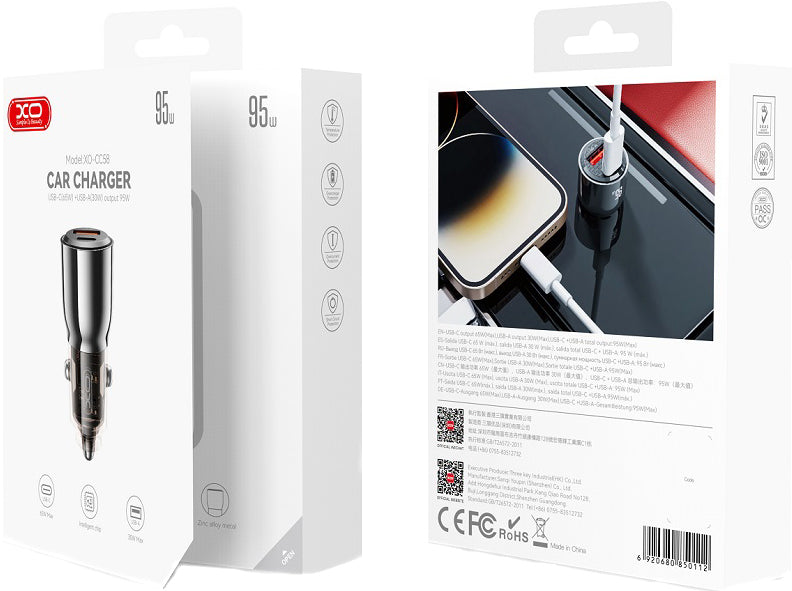 Caricabatterie Auto XO Design CC58, 95W, 3.25A, 1 x USB-A - 1 x USB-C, Nero