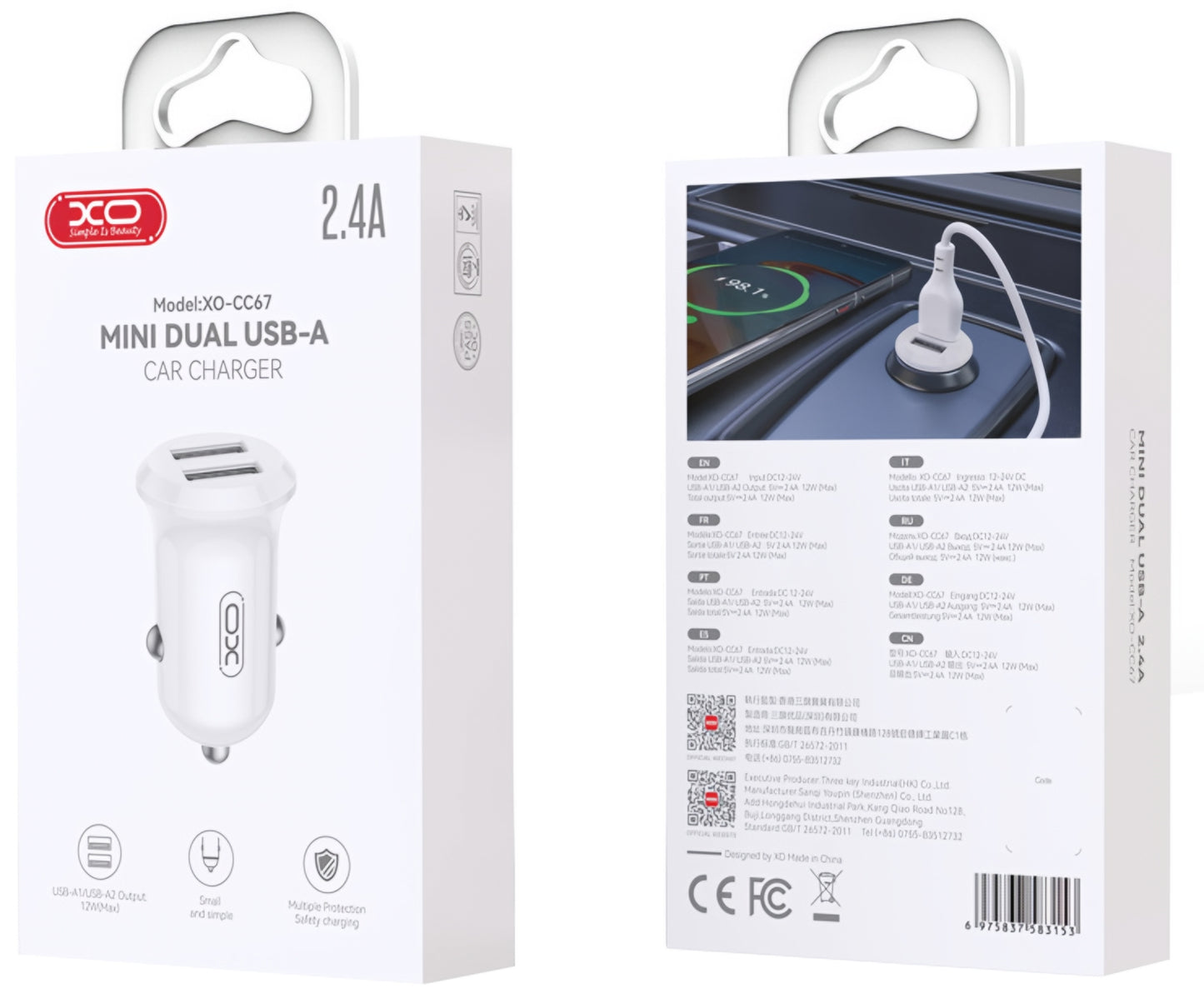Caricabatterie Auto XO Design CC67, 12W, 2.4A, 2 x USB-A, Bianco