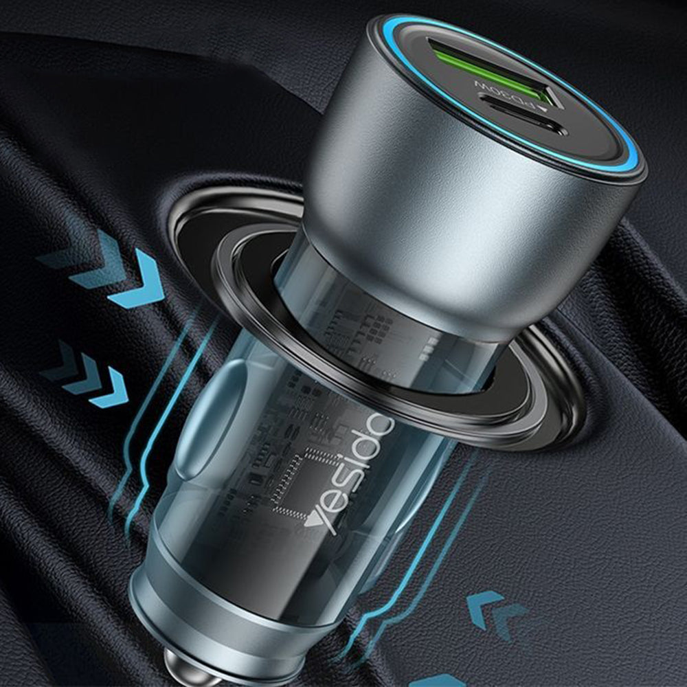 Caricabatterie Auto Yesido Y49, 30W, 3A, 1 x USB-A - 1 x USB-C, Grigio