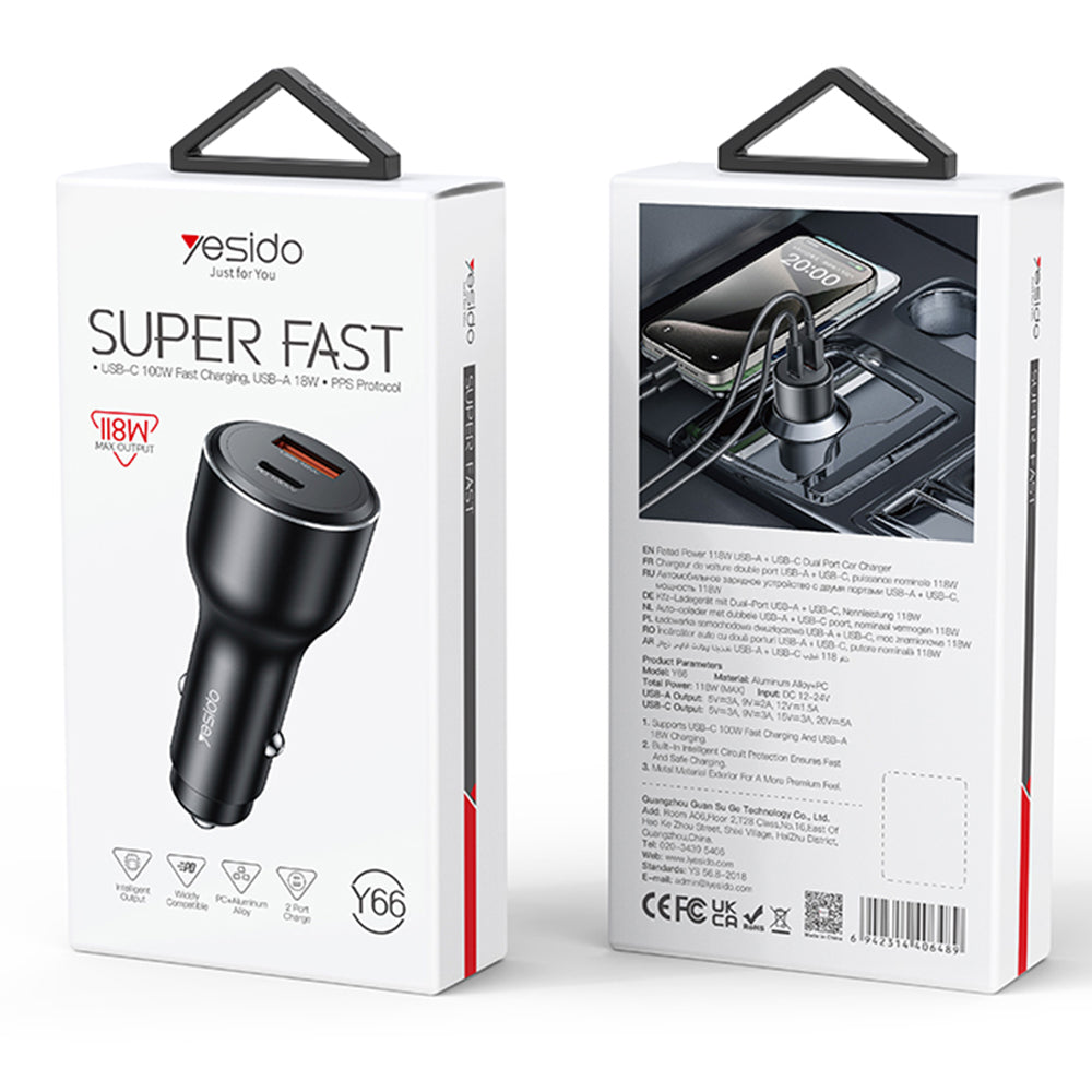 Caricabatterie Auto Yesido Y65, 100W, 5A, 1 x USB-A - 1 x USB-C, Nero
