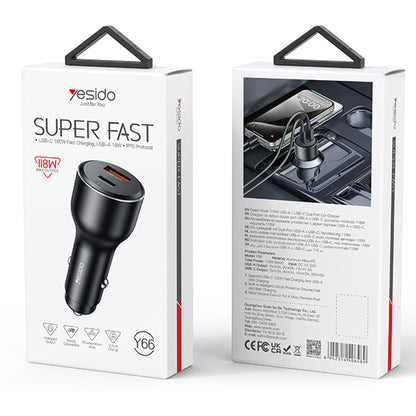 Caricabatterie Auto Yesido Y65, 100W, 5A, 1 x USB-A - 1 x USB-C, Nero