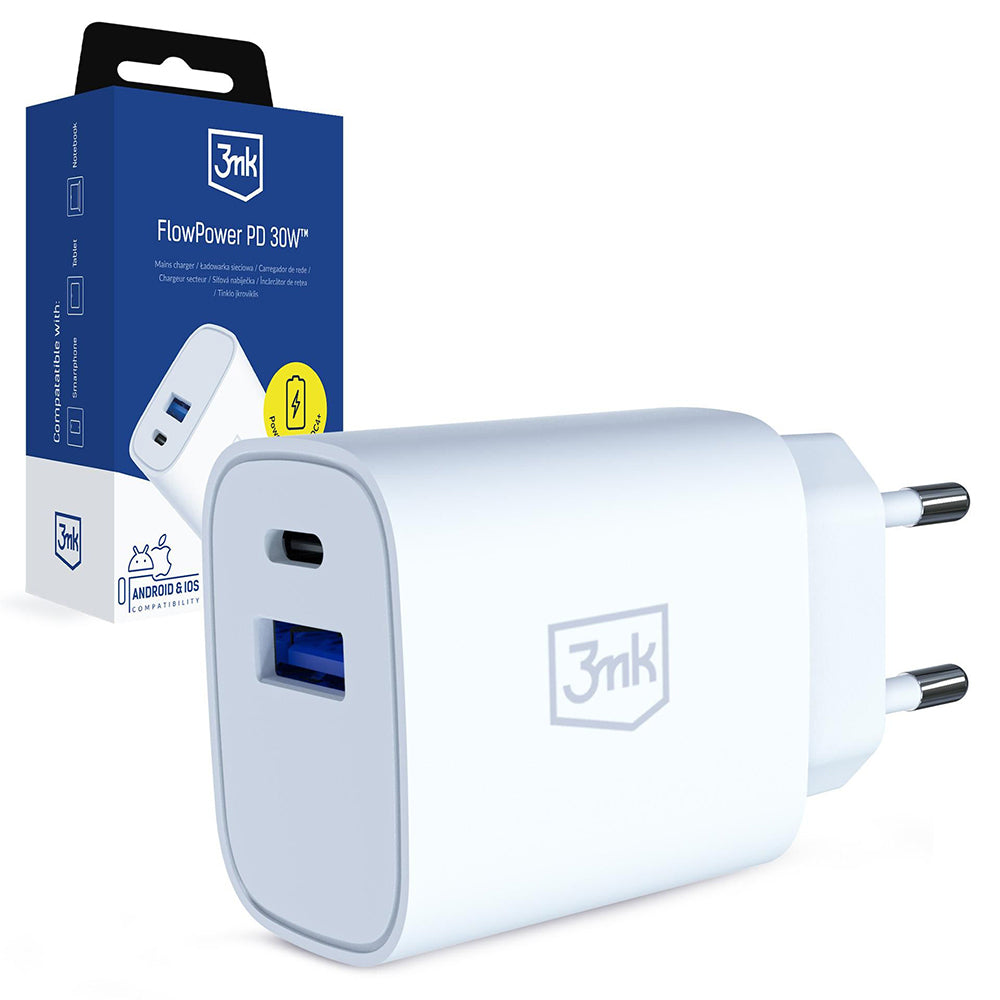 Caricatore da rete 3MK FlowPower, 30W, 1 x USB-A - 1 x USB-C, Bianco