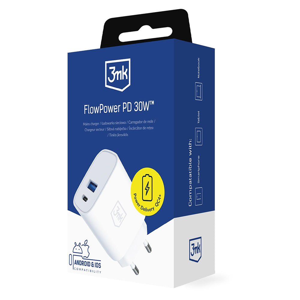 Caricatore da rete 3MK FlowPower, 30W, 1 x USB-A - 1 x USB-C, Bianco