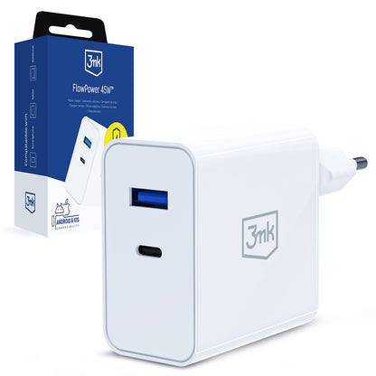 Caricatore da rete 3MK FlowPower, 45W, 1 x USB-A - 1 x USB-C, Bianco