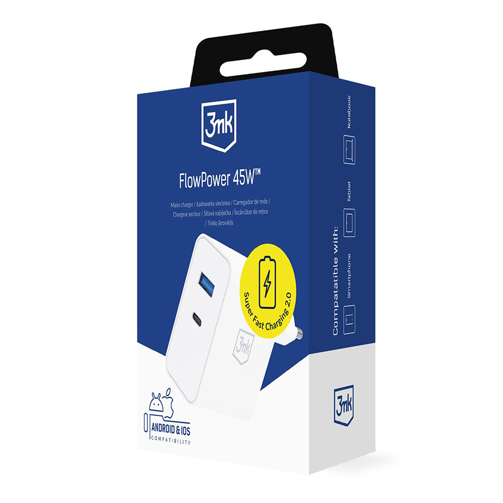 Caricatore da rete 3MK FlowPower, 45W, 1 x USB-A - 1 x USB-C, Bianco